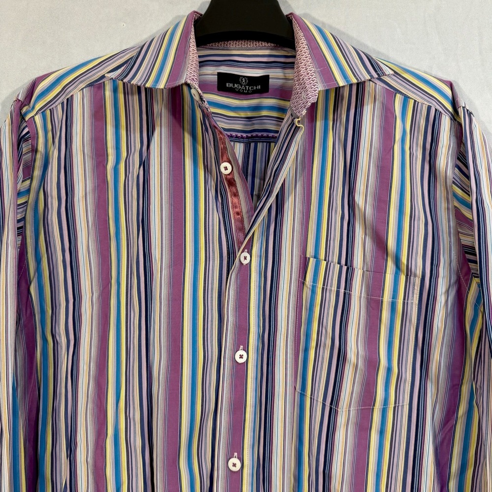 Bugatchi Uomo Long Sleeve Button Up Bright Color Striped Shirt‎ L Preppy Formal